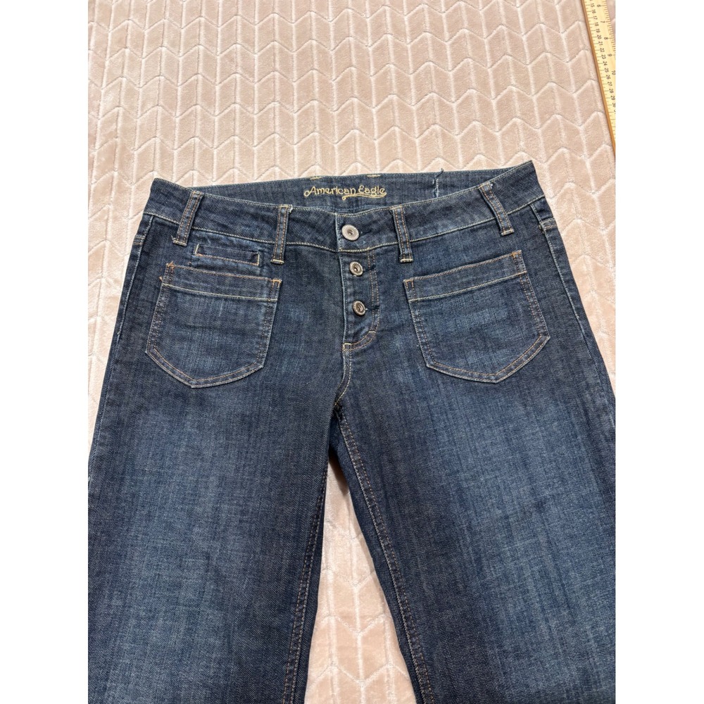 American Eagle Wide Leg Dark Wash Jeans Button Fly Patch Pockets Size 12 - Picture 6 of 12